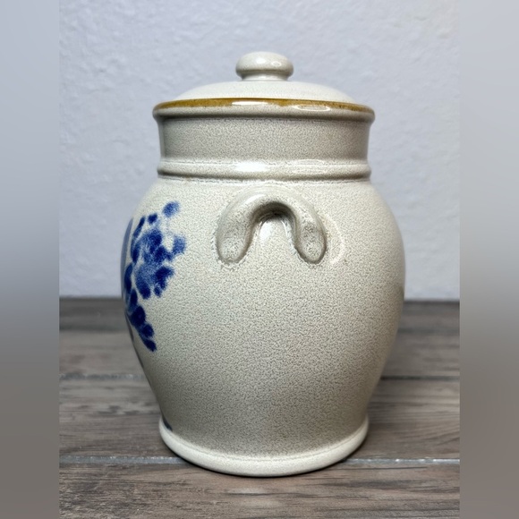 VINTAGE PRESTIGE PLACE GINGER JAR CROCK w/LID Folk Art Blue Floral Pottery Japan - Picture 6 of 8